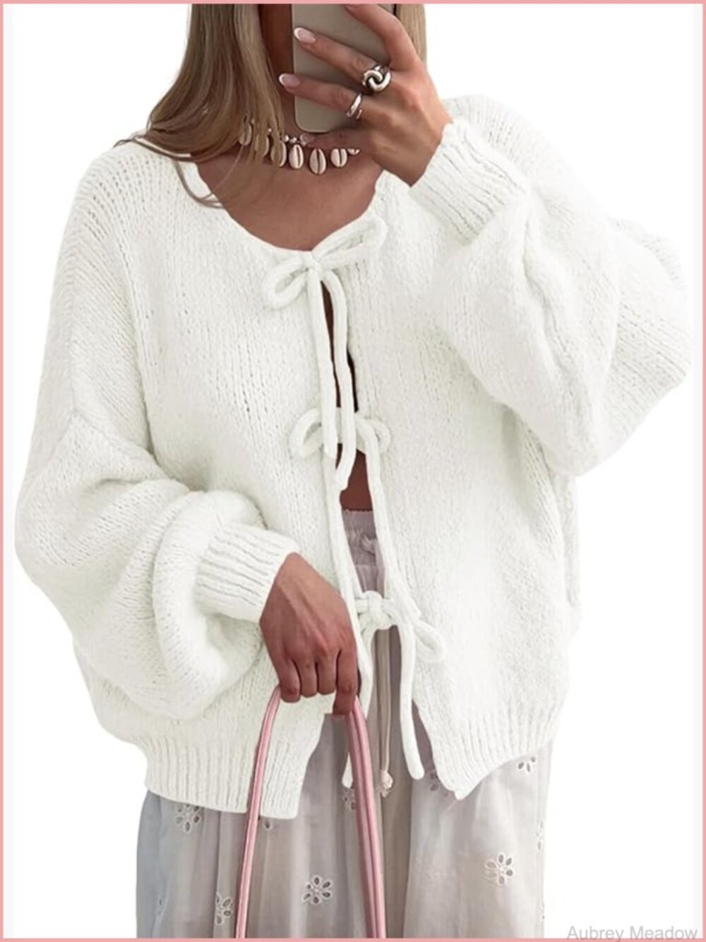 Tie Front Cardigan Sweater Bow Puff Long Sleeve Loose Ribbed Knit Trendy Tops